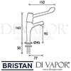 Bristan Lever High Neck Pillar Taps with 6 Inch Levers Dimensions